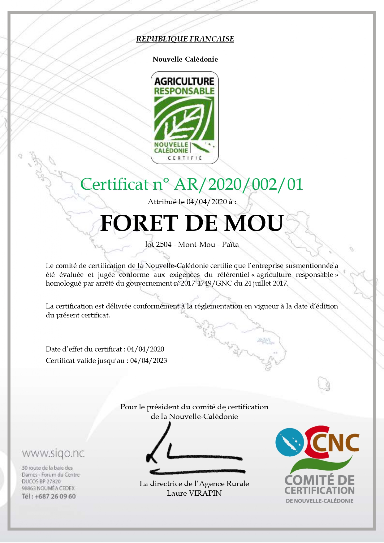 Agriculture+Responsable+AR+association+certification+nouvelle caledonie+innovante+foret+mou+chatelain